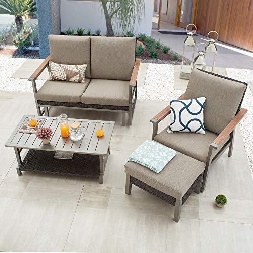Festival Depot 4pcs Patio Conversation Set Wicker Armchair All Weather Rattan Glider Loveseat Ottoman with Grey Thick Cushions Coffee Table in Metal Frame Outdoor Furniture for Deck Poolside