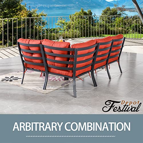 Festival Depot 5 Pcs Patio Conversation Set Sectional Sofa Chair Outdoor Furniture All-Weather Bistro Set with 1 Right-arm 1 Corner 2 Armless Chair 1 Side Table for Garden Porch Deck Backyard (Red)
