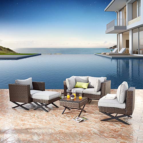 Festival Depot 6-Piece Bistro Outdoor Patio Furniture Conversation Set Wicker Rattan Corner ArmChairs Ottoman with 3.1" Cushion Square Wood Grain Top Side Coffee Table with X Shaped Slatted Steel Legs
