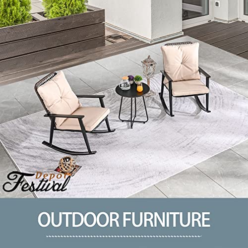 Festival Depot 3 Pcs Patio Bistro Set PE Wicker Conversation Set, Rocking Chairs Outdoor Furniture with Cushions Metal Side Coffee Table for Backyard Porch Balcony Outside Poolside Lawn (Beige)