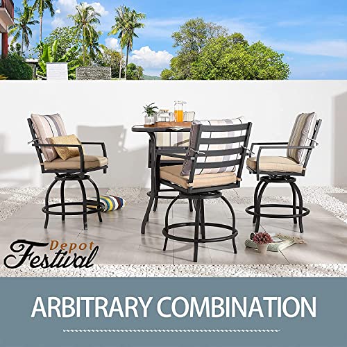 Festival Depot 5 Pcs Outdoor Furniture Bar Stools Set of 4 Swivel Chairs with Cushions and 1 High Bistro Tables with Tempered Glass Tabletop in Metal Frame (Beige)