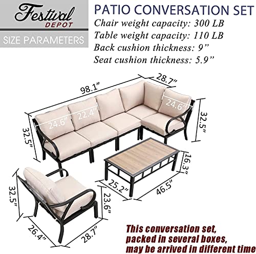 Festival Depot 7pcs Patio Conversation Set Sectional Metal Chairs with Cushions All Weather Corner Sofa and Coffee Table Outdoor Furniture for Garden Backyard Balcony, Beige