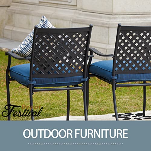 Festival Depot 8-Piece Outdoor Patio Furniture Outdoor Wrought Iron Dining Chairs Set for Porch Lawn Garden Balcony Pool Backyard with Arms and Cushions (8Pcs, Blue)
