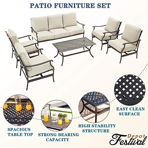 Festival Depot 6Pcs Outdoor Furniture Patio Conversation Set All Weather Black Metal Armchairs with Seat and Back Cushions, Rectangle Coffee Table for Deck Lawn Garden, Beige