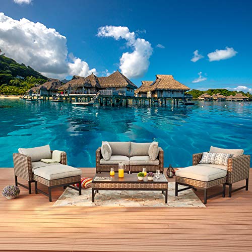 Festival Depot 7 Pcs Patio Outdoor Conversation Wicker Chairs Cushions Ottomans Set with Coffee Square Table Metal Frame Furniture Garden Bistro Seating Thick Soft Cushion (Gray)