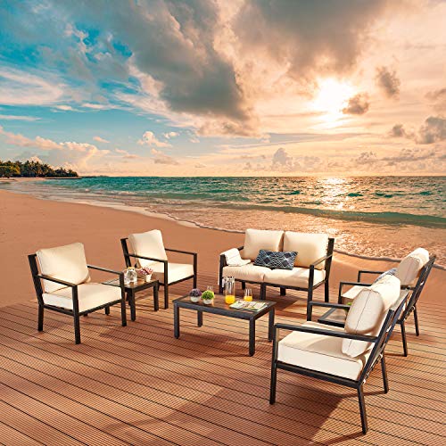 Festival Depot 9-Pieces Patio Outdoor Furniture Conversation Sets Loveseat Sectional Sofa, All-Weather Black X Slatted Back Chairs with Coffee Side Table and Thick Soft Removable Couch Cushions(Beige)