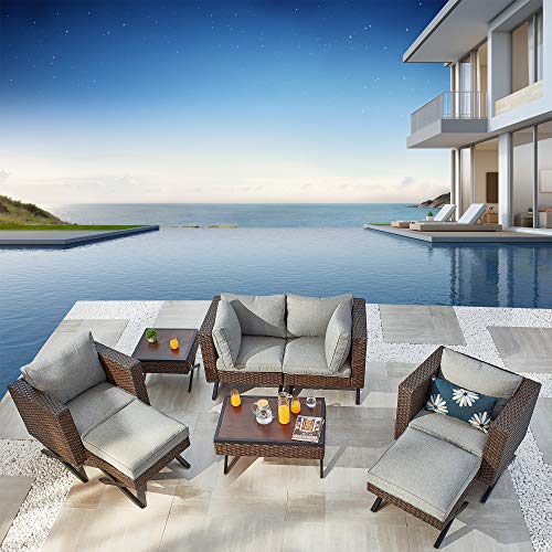 Festival Depot 8pcs Outdoor Furniture Patio Conversation Set Sectional Sofa Chairs with X Shaped Metal Leg All Weather Brown Rattan Wicker Ottoman Coffee Table with Grey Thick Seat Back Cushions