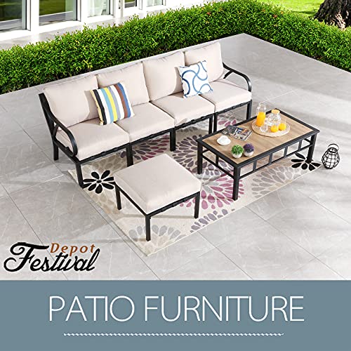 Festival Depot 6 Pieces Patio Conversation Set Sectional Chairs Ottoman with Cushions and Coffee Table All Weather Metal Outdoor Furniture for Deck Poolside, Beige