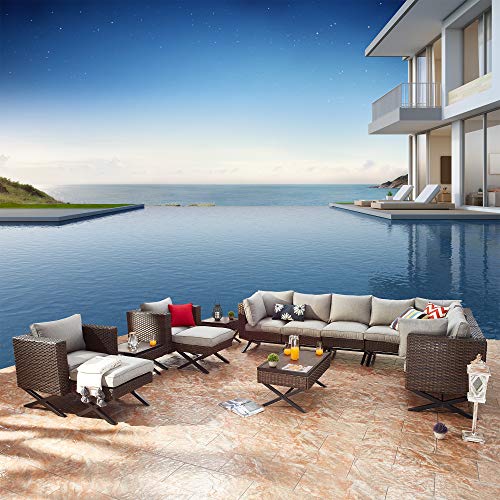 Festival Depot 14pcs Outdoor Furniture Patio Conversation Set Sectional Corner Sofa Chairs with X Shape Metal Leg All Weather Brown Rattan Wicker Ottoman Side Coffee Table with Grey Seat Back Cushions