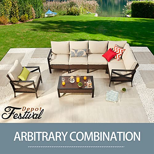 Festival Depot 6 Pieces Patio Furniture Set All-Weather Rattan Wicker Metal Frame Sofa Chair Outdoor Conversation Set Sectional Corner Couch with Cushions and Coffee Table for Deck Poolside