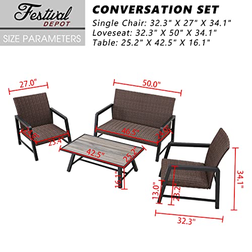 Festival Depot 8Pcs Patio Conversation Set, PE Wicker Bistro Set, All-Weather Outdoor Furniture, with 2 Loveseat 4 Armchair and 2 DPC Coffee Table for Backyard Porch Lawn Deck Garden