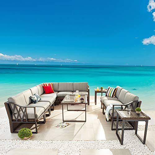 Festival Depot 13Pc Outdoor Furniture Patio Conversation Set Sectional Corner Sofa Chairs All Weather Wicker Metal Frame Rectangle Side Slatted Coffee Table with Thick Grey Seat Back Cushion No Pillow