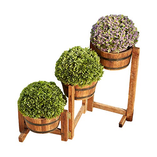 Festival Depot Patio Outdoor Planter Rustic Tri-Tier Wooden Flower Pot Shelf with Buckets Garden Decorative Barrel Stand for FD15113 FD15113
