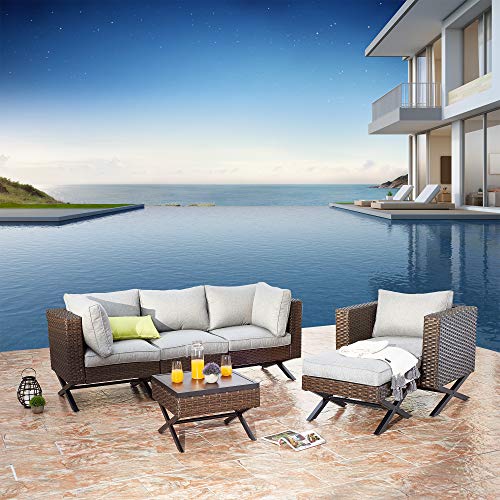 Festival Depot 6pc Patio Conversation Set Sectional Corner Sofa Arm Chairs Set Outdoor All-Weather Wicker Metal Chairs with Thick Soft Seating Back Cushions Square Coffee Table Ottoman Garden Poolside