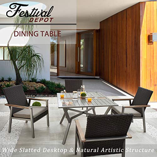 Festival Depot Metal Outdoor Square Dining Table with 2.16" Umbrella Hole Side Coffee Table Patio Bistro with Steel Legs,Black Grey (Square Dining Table)