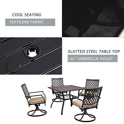 Festival Depot Patio Dining Set 5-Piece Outdoor Metal Furniture Set, 4 Swivel Chairs and 1 Square Dining Table with 1.61" Umbrella Hole for Porch Lawn Garden Balcony Pool Backyard, Black