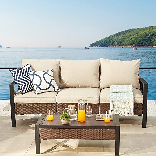 Festival Depot 4 Pieces Patio Furniture Set All-Weather Rattan Wicker Metal Frame Sofa Chair Outdoor Conversation Set Sectional Armrest Couch with Cushions and Coffee Table for Deck Poolside