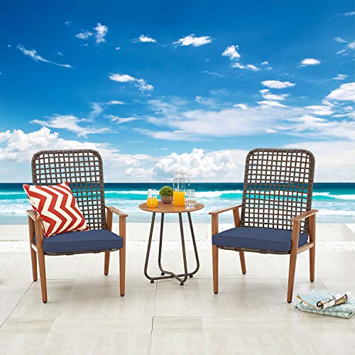 Festival Depot 3 Pieces Patio Outdoor Bistro Set Wooden-Color Armchairs with Cushions Metal Iron Side Table Cafe