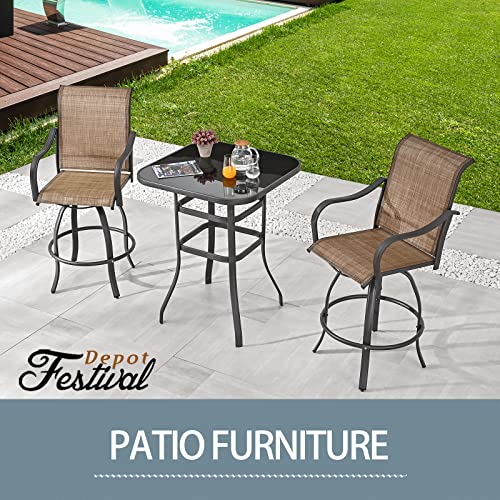 Festival Depot 3pcs Patio Set Bar Height Stools Bistro Swivel Chairs and Square Tempered Glass Top Table Outdoor Furniture