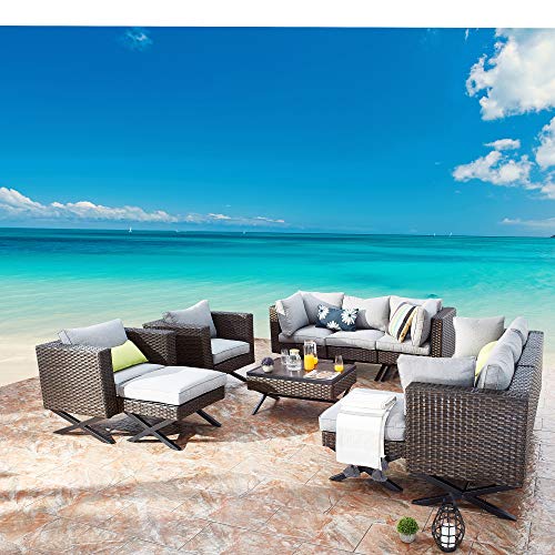 Festival Depot 11 pcs Outdoor Furniture Patio Conversation Set Sectional Corner Sofa Chairs with X Shaped Metal Leg All Weather Brown Rattan Wicker Rectangle Coffee Table with Grey Seat Back Cushions