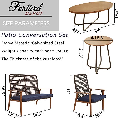 Festival Depot 8 Pieces Patio Outdoor Furniture Conversation Set with Metal Side Coffee Side Table Wooden-Color Steel Wicker Weaving Mesh Back Armchair with Cushions (Blue)