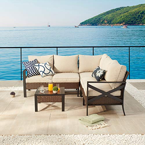 Festival Depot 6 Pcs Patio Outdoor Furniture Conversation Set Sectional Corner Sofa with All-Weather Brown Wicker Back Chair, Coffee Side Table, Ottoman and Soft Thick Removable Couch Cushion