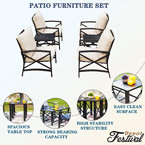 Festival Depot 6 Pieces Outdoor Furniture Patio Conversation Set All-Weather Metal Armchair Sofa Chairs with Seat and Back Cushions Side Coffee Tables