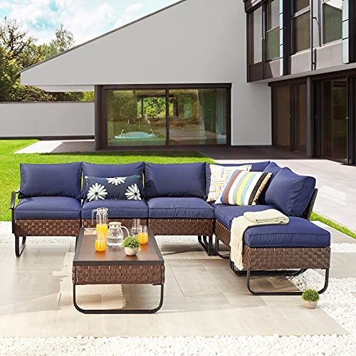 Festival Depot 7 Pieces Patio Furniture Set, All-Weather PE Rattan Wicker Metal Frame Sofa Outdoor Conversation Set Sectional Corner Couch with Cushion Ottoman and Coffee Table for Deck Poolside(Blue)