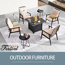 Festival Depot 7 Pieces Outdoor Fire Pit Table Set, Patio Conversation Set, Square Propane Gas Table, 4 PE Wicker Armchairs w/Cushions and 2 Side Table Metal Furniture (Beige)