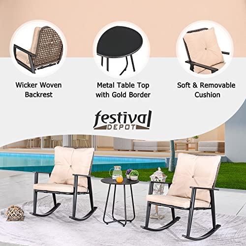 Festival Depot 3 Pcs Patio Bistro Set PE Wicker Conversation Set, Rocking Chairs Outdoor Furniture with Cushions Metal Side Coffee Table for Backyard Porch Balcony Outside Poolside Lawn (Beige)