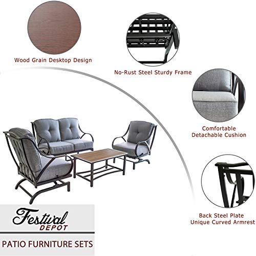 Festival Depot 4 Pieces Patio Outdoor Conversation Set Armrest Chairs with Curved Armrest Loveseat Coffee Table Set Premium Fabric Metal Frame Furniture Garden Bistro Seating Thick & Soft Cushion,Gray