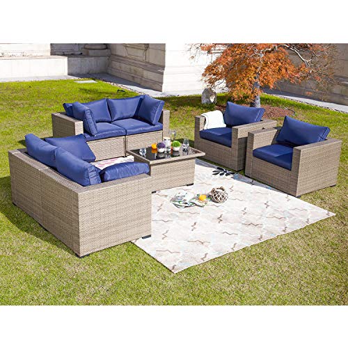 Festival Depot 7 Pieces Patio Furniture Outdoor Conversation Set Sectional Wicker Sofa Set with Removable Seat Cushions and Coffee Table with Tempered Glass for Garden Deck Porch Lawn Balcony, Blue