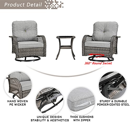 Festival Depot 3 Pieces Patio Bistro Set PE Wicker 360-Degree Swivel Chairs Set of 2 with Tempered Glass Top Side Table Outdoor Furniture Conversation Set (Brown Wicker, Grey Cushion)