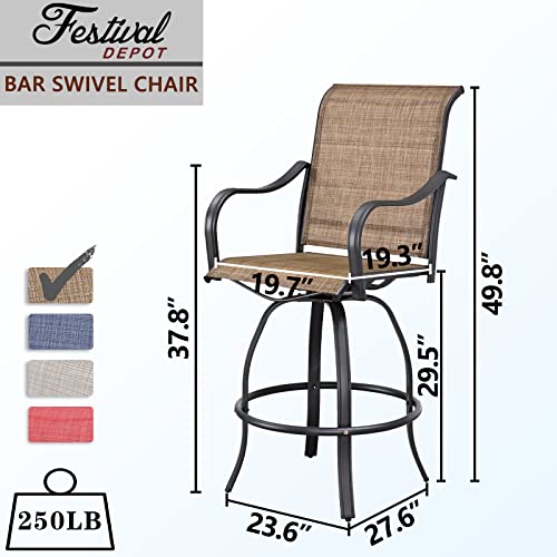 Festival Depot 9-Piece Bar Bistro Patio Outdoor Dining Furniture Sets High Stools 360¡ Swivel Chair with Slatted Steel Curved Armrest Square Side Coffee Side Table Tempered Glass Desktop