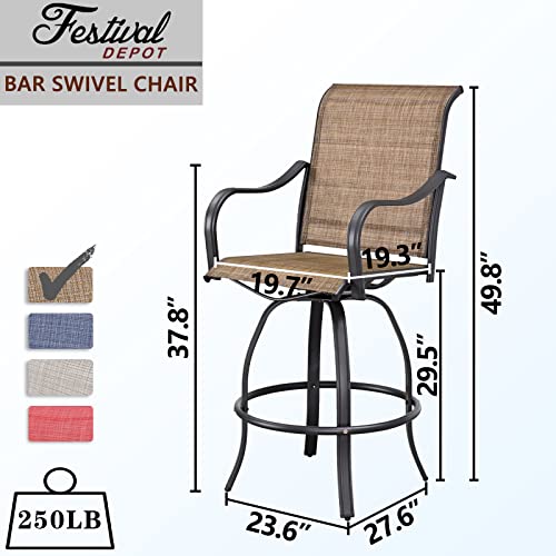 Festival Depot 3pcs Patio Set Bar Height Stools Bistro Swivel Chairs and Square Tempered Glass Top Table Outdoor Furniture