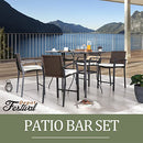 Festival Depot 6 Pcs Patio Bar Set of 4 Wicker Stools with Cushions Rattan High Stools with Armrests and 2 Tempered Glass Top Counter Tables in Metal Frame Outdoor Furniture for Bistro Garden