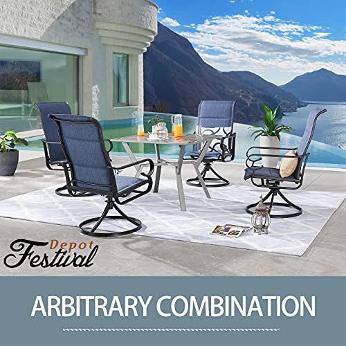 Festival Depot 5 Pieces Patio Dining Conversation Set, Outdoor Furniture 4 Swivel Bistro Armrest Chair & 1 Square Metal Table with 2.16" Umbrella Hole for Deck Poolside Porch Backyard (Blue)