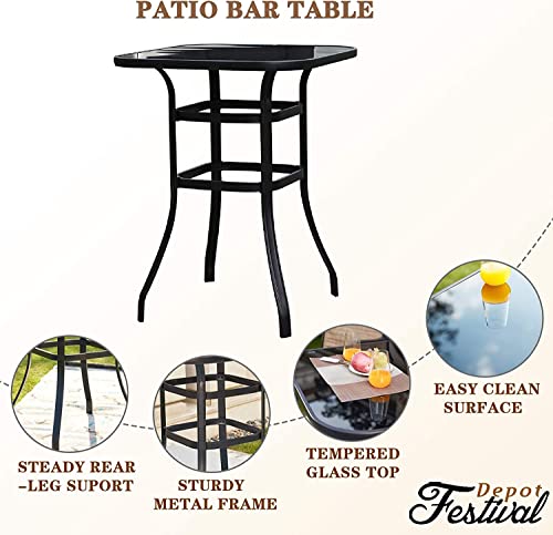 Festival Depot 3-Piece Bar Bistro Patio Outdoor Dining Furniture Sets High Stools 360å¡ Swivel Chairs with Slatted Steel Curved Armrest Square Coffee Side Table Tempered Glass Desktop