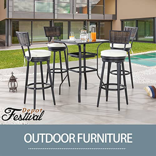 Festival Depot 5 Pcs Patio Bar Set Bistro Height Set, 360° Woven Wicker Swivel Chairs and Bar Height Table with Tempered Glass Top Outdoor Furniture for Garden Poolside Deck Porch (Beige)