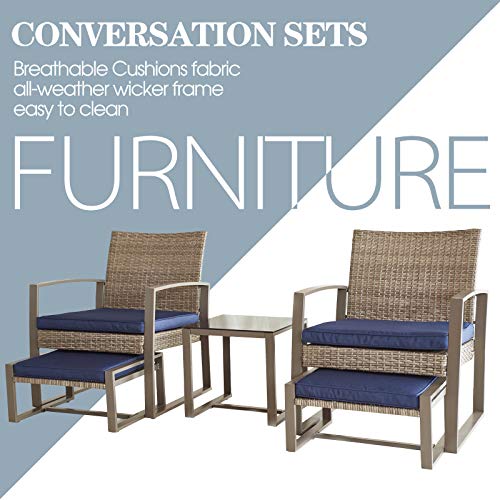 Sports Festival 5pcs Outdoor Furniture Patio Conversation Set Metal Frame Chairs Wicker Ottomans Set with Cushions and Square Side Coffee Table for Garden Bistro Poolside Deck Garden Blue