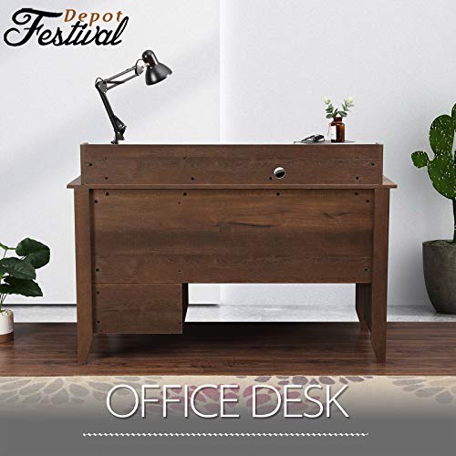 Festival Depot 53" Home Office Desk Writing Computer Desk Vintage Wood Style Laptop Table with Hutch and Sliding Track Drawers for Study Bedroom Workstation