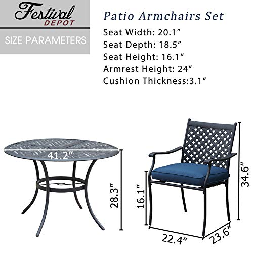 Festival Depot 5 Piece Outdoor Dining Set Wrought Iron Patio Metal with 4 Armchair Include Cushions and Round Black Table with 2.04" Umbrella Hole for Deck Lawn Garden Poolside Backyard (Beige)