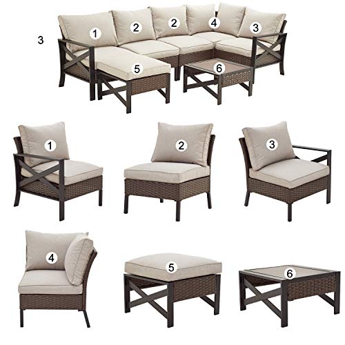 Festival Depot 7 Pieces Patio Conversation Set Outdoor Furniture Sectional Corner Sofa with All-Weather Brown PE Wicker Back Chair, Coffee Table, Ottoman and Thick Soft Removable Couch Cushions