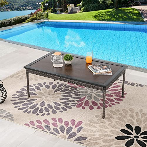 Festival Depot Patio Wicker Coffee Table, All-Weather Rattan Square Dining Table with Metal Steel Frame Wooden-Like Top Outdoor Sectional Furniture for Garden Pool Backyard Lawn (Rectangle)