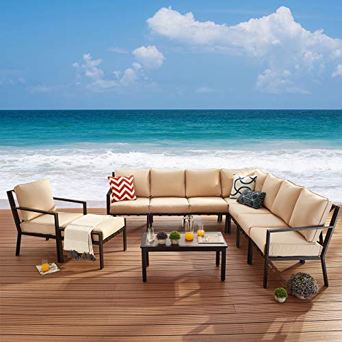 Festival Depot 10-Pieces Patio Outdoor Furniture Conversation Sets Sectional Corner Sofa, All-Weather Black X Slatted Back Chairs with Coffee Side Table and Soft Removable Couch Cushions (Beige)