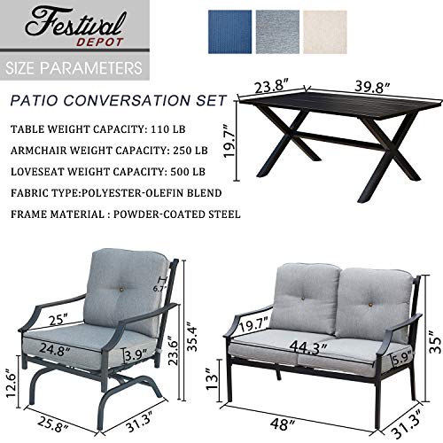 Festival Depot 4 pc Conversation Set Patio Outdoor ArmChairs Loveseat Set with Coffee Table Fabric Metal Frame Furniture Garden Bistro Seating Thick Soft Cushions