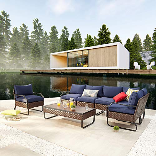 Festival Depot 7 Pieces Patio Conversation Sets Outdoor Furniture Sectional Corner Sofa with All-Weather PE Rattan Wicker Back Armchair, Coffee Table and Thick Soft Removable Couch Cushions (Blue)