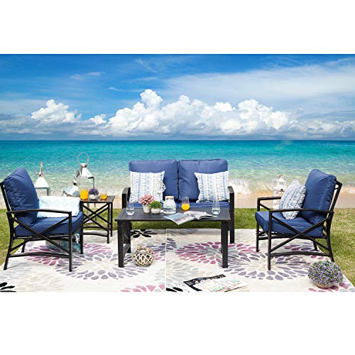 Festival Depot Outdoor Furniture Patio Conversation Set Metal Bistro Table Coffee Table Loveseat Armchairs with Seat and Back Cushions Without Pillows for Lawn Beach Backyard Pool