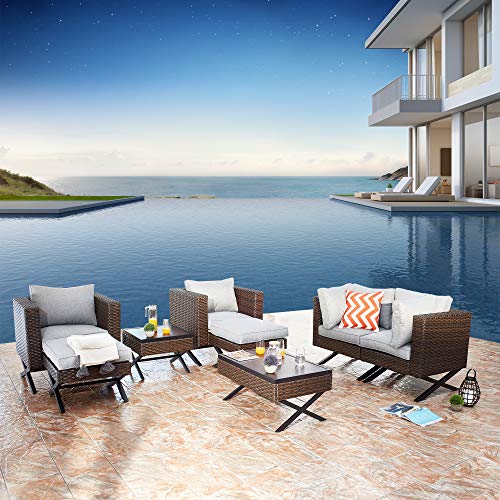 Festival Depot 8pcs Outdoor Furniture Patio Conversation Set Sectional Sofa Chairs with X Shaped Metal Leg All Weather Brown Rattan Wicker Ottoman Coffee Table with Grey Thick Seat Back Cushions