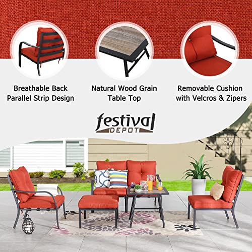 Festival Depot 6 Pcs Patio Conversation Set Sectional Sofa Chair Outdoor Furniture All-Weather Bistro Set with Armchair Left-arm&Right-arm Armless Chair Ottoman Side Table for Garden Porch Deck (Red)